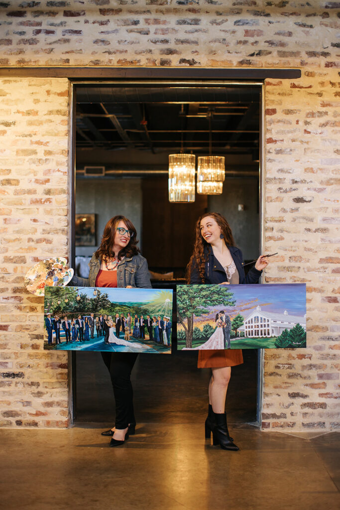 two women with live wedding painting portraits